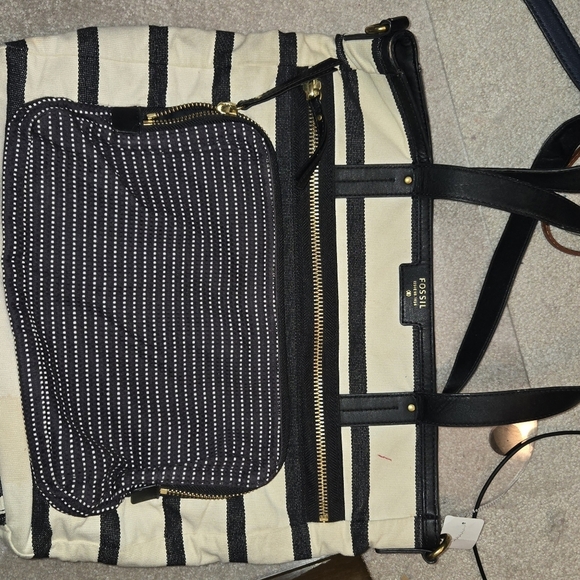 Fossil Black and Cream Striped Tote Bag